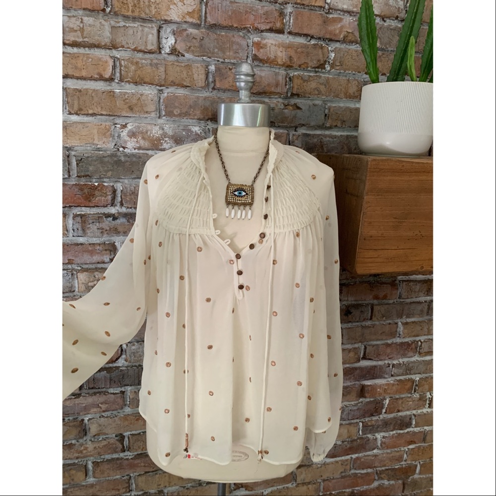 Free People ‘Ready to Run' Polka Dot Cream Gold Sheer Blouse - Sz Medium